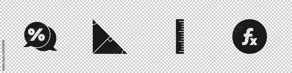 Obraz premium Set Discount percent tag, Angle bisector of triangle, Ruler and Function mathematical symbol icon. Vector