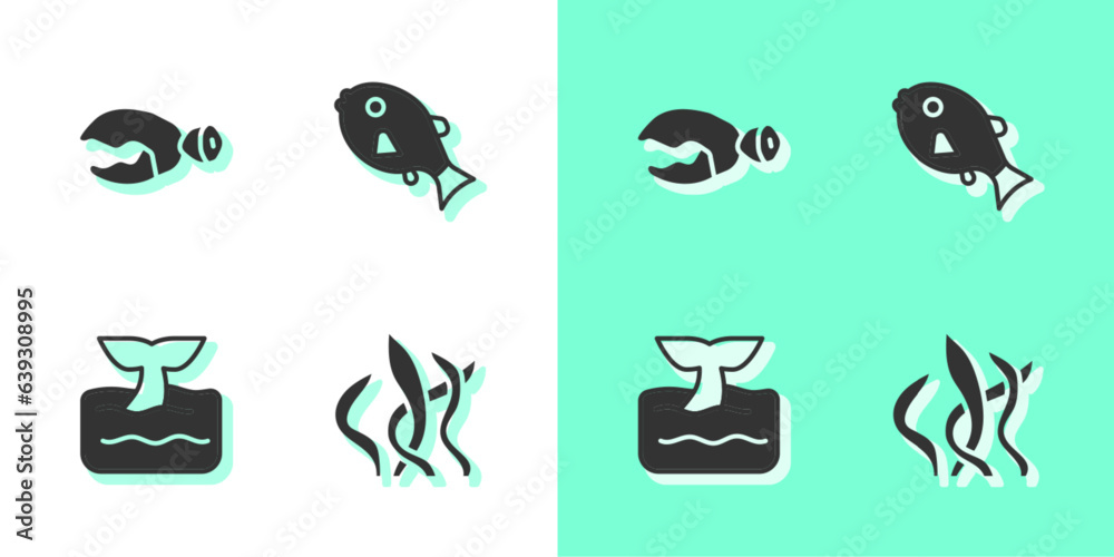 Fototapeta premium Set Seaweed, Lobster or crab claw, Whale tail in ocean wave and Tropical fish icon. Vector