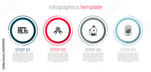 Set School Bus, Medal, Ringing alarm bell and Smartphone. Business infographic template. Vector