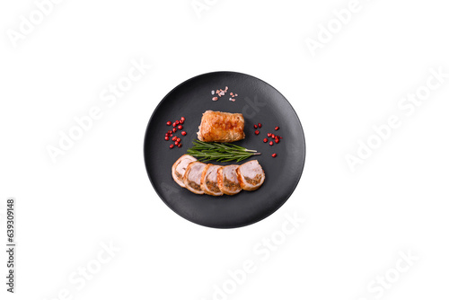 Delicious chicken or pork meat roll with mushrooms, cheese, spices and herbs