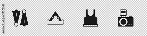 Set Rubber flippers for swimming, Tourist tent, Sleeveless T-shirt and Photo camera with flash icon. Vector