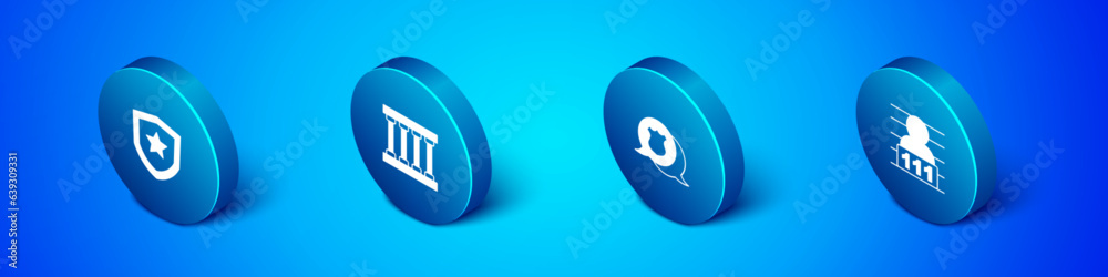 Set Isometric Police badge, , Suspect criminal and Prison window icon. Vector Set Isometric Police badge, , Suspect criminal and Prison window icon. Vector