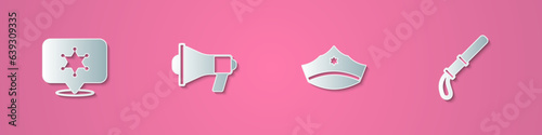 Set paper cut Hexagram sheriff, Megaphone, Police cap with cockade and rubber baton icon. Paper art style. Vector