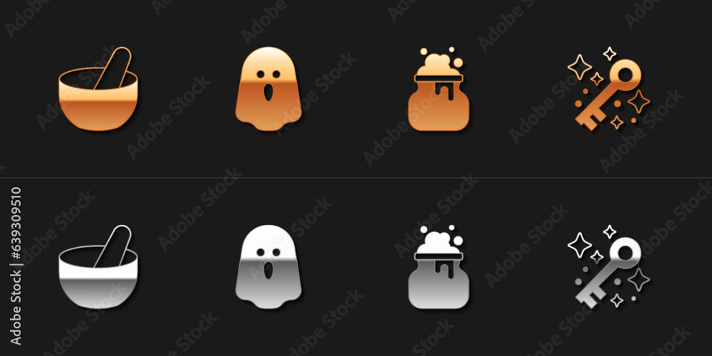 Set Witch cauldron, Ghost, and Old magic key icon. Vector Set Witch cauldron, Ghost, and Old magic key icon. Vector