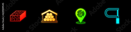 Set Wooden beam, logs, and Hacksaw icon. Vector