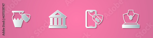 Set paper cut Auction ancient vase, Museum building, Online auction and jewelry sale icon. Paper art style. Vector