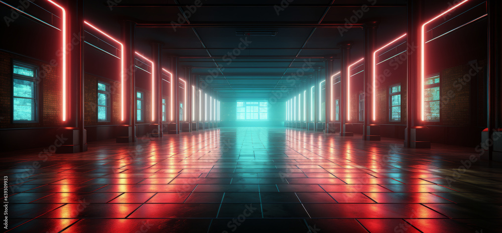 Neon effect tube lights on brick wall in room, Generative AI