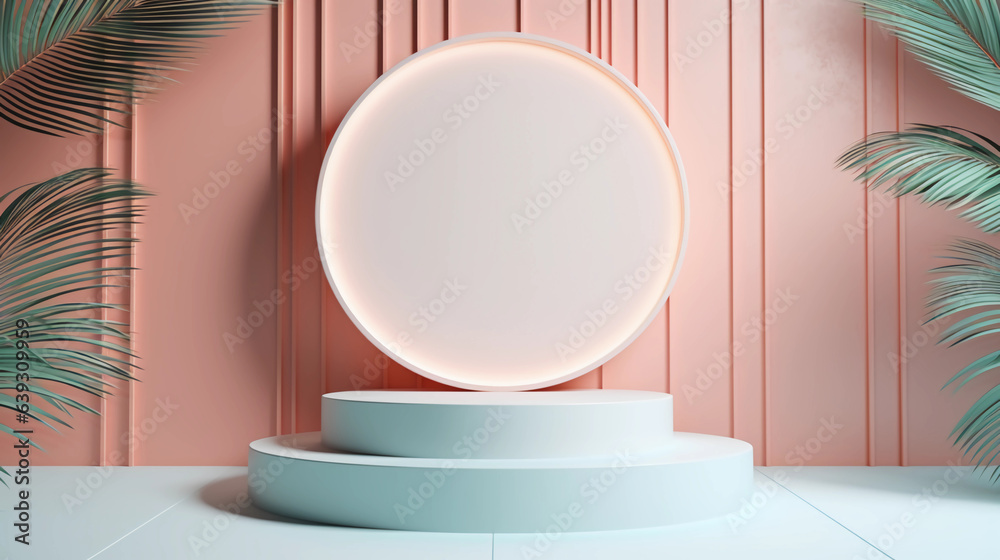 Round pastel marble podium and palm leaf, Abstract minimal geometric background, Aesthetic summer dais and shadows on the wall, 3D Modern design for product showcase, studio lighting, AI generated.