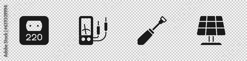Set Electrical outlet, Ampere meter, multimeter, Screwdriver and Solar energy panel icon. Vector