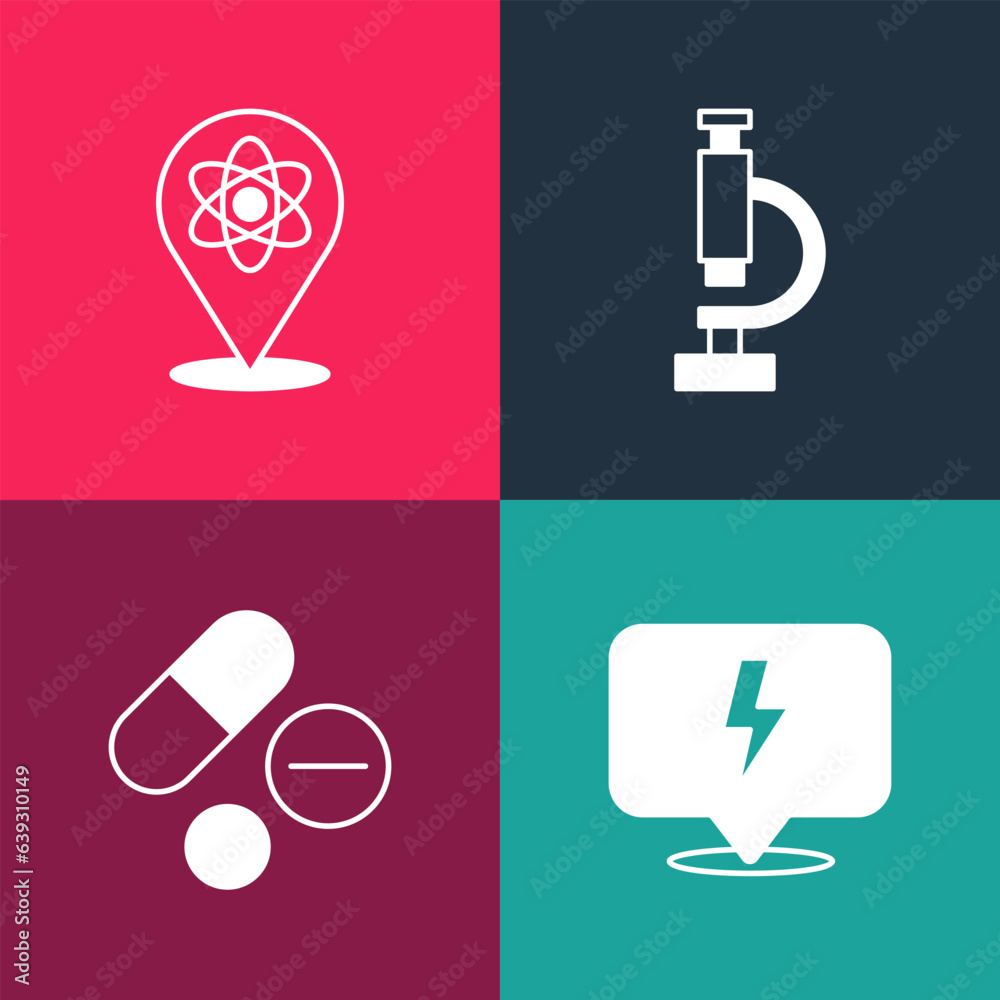 Set pop art Lightning bolt, Medicine pill or tablet, Microscope and Atom icon. Vector Set pop art Lightning bolt, Medicine pill or tablet, Microscope and Atom icon. Vector