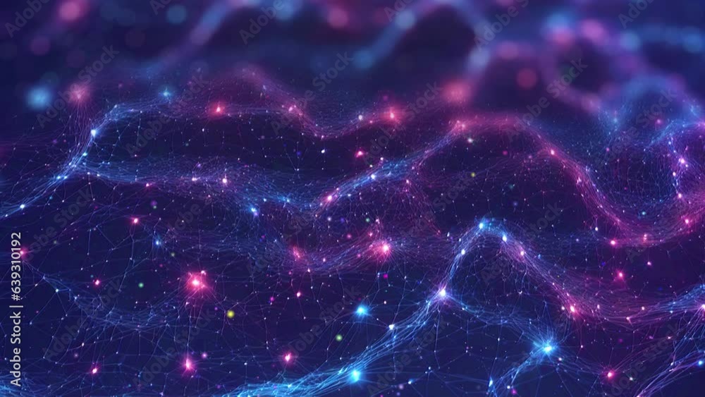 Cyber or Technology Background with Abstract Mesh, Sparkling Wave Particles, and Glowing Red Dots