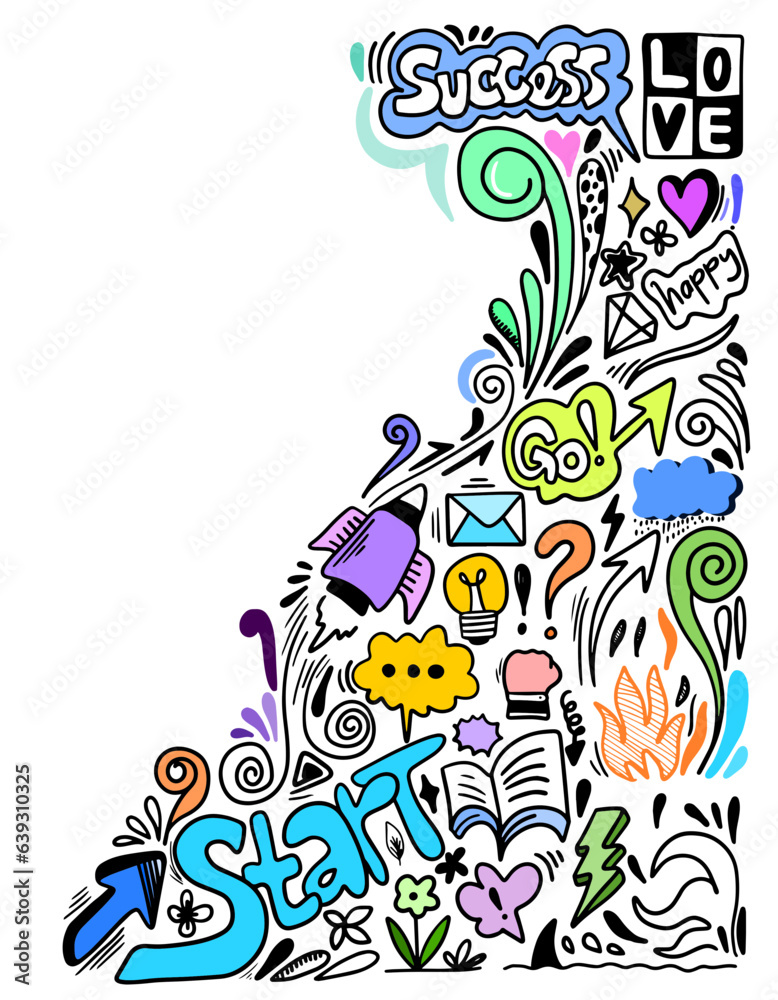 Creative art doodles hand drawn Design illustration with text happy,start,love.