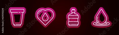 Set line Water filter cartridge, Heart with water drop, Big bottle clean and . Glowing neon icon. Vector