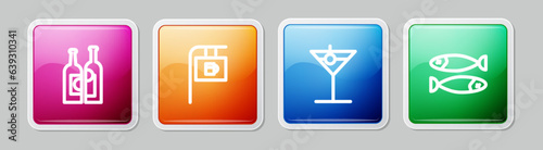 Set line Bottles of wine, Street signboard with Bar, Martini glass and Dried fish. Colorful square button. Vector