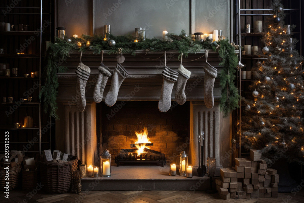 Modern chimney with stockings, candles, and christmas decoration. Christmas living room with fireplace. AI generated Modern chimney with stockings, candles, and christmas decoration. Christmas living room with fireplace. AI generated