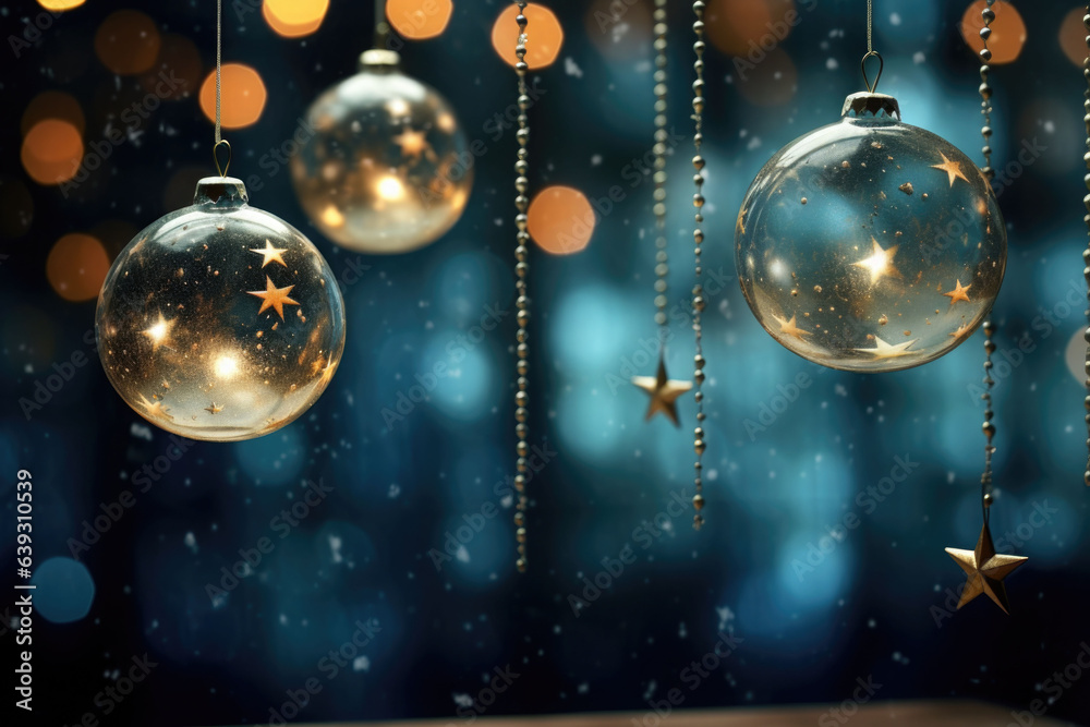 Glass christmas decorations hanging from a christmas at night. Bokeh background. Night time, stars, christmas lights. AI generated Glass christmas decorations hanging from a christmas at night. Bokeh background. Night time, stars, christmas lights. AI generated