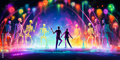 illustration of silhouette two humans which dancing on Halloween disco party with skeletons © zamuruev