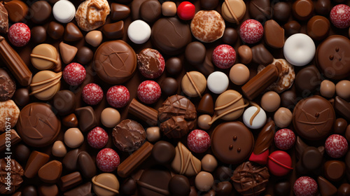 Mix of chocolate candies. Assorted sweets. Chocolate truffle and candies background. Generative AI