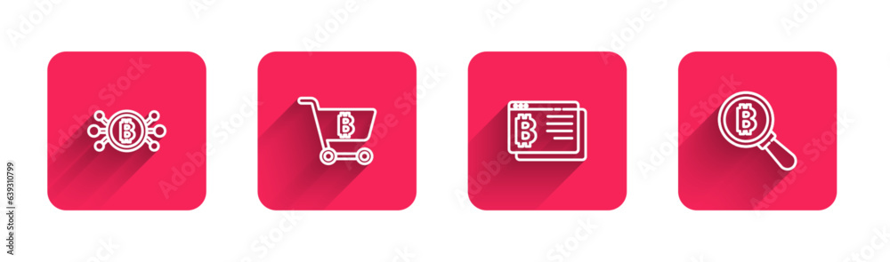 Set line Bitcoin in circuit, Shopping cart with bitcoin, browser and Magnifying glass with long shadow. Red square button. Vector Set line Bitcoin in circuit, Shopping cart with bitcoin, browser and Magnifying glass with long shadow. Red square button. Vector