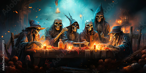 illustration of skeletons which sitting at festive table and celebrating Halloween. Halloween party © zamuruev