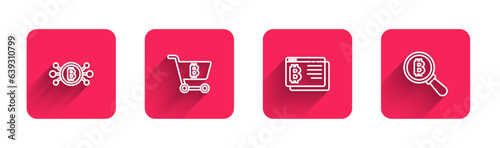Set line Bitcoin in circuit, Shopping cart with bitcoin, browser and Magnifying glass with long shadow. Red square button. Vector