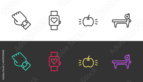 Set line Smart watch on hand, , Apple and Bench with barbel on black and white. Vector