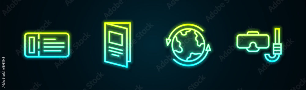 Set line Cruise ticket, Brochure, Worldwide and Diving mask and snorkel. Glowing neon icon. Vector Set line Cruise ticket, Brochure, Worldwide and Diving mask and snorkel. Glowing neon icon. Vector