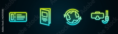 Set line Cruise ticket, Brochure, Worldwide and Diving mask and snorkel. Glowing neon icon. Vector