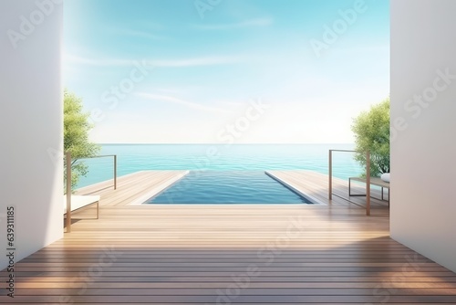 Floor deck walkway. Luxury beach house with swimming pool