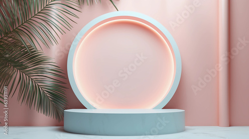 Round pastel marble podium and palm leaf, Abstract minimal geometric background, Aesthetic summer dais and shadows on the wall, 3D Modern design for product showcase, studio lighting, AI generated.