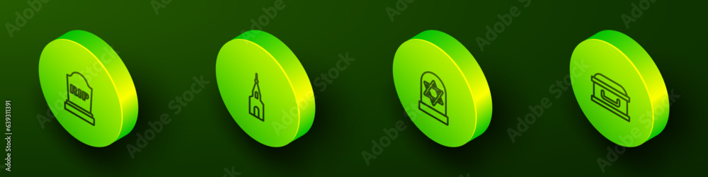 Set Isometric line Tombstone with RIP written, Church building, Grave star of david and Coffin cross icon. Vector
