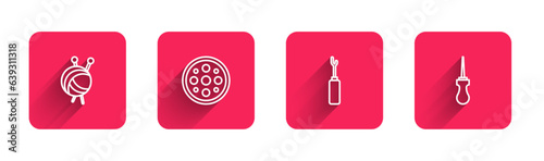 Set line Yarn ball with knitting needles, Sewing button, Awl tool and with long shadow. Red square button. Vector