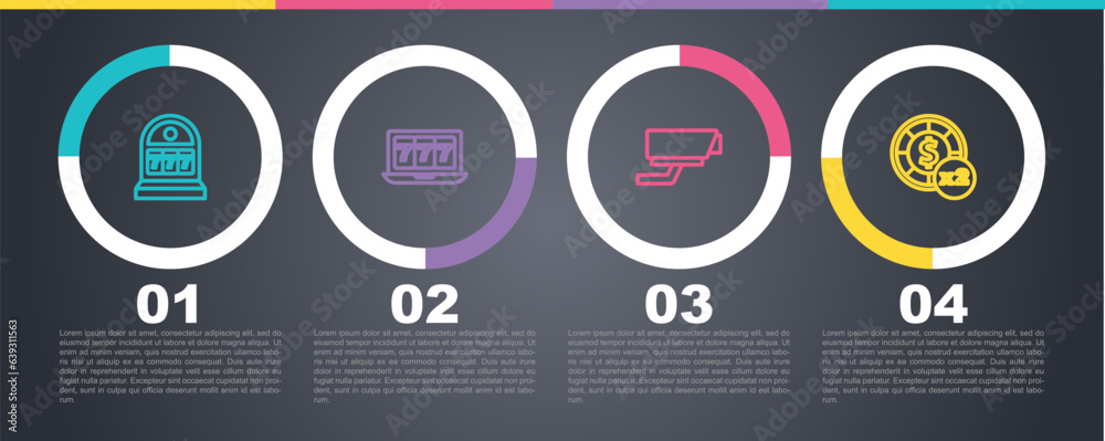 Set line Slot machine with jackpot, Online slot, Security camera and Casino chips. Business infographic template. Vector