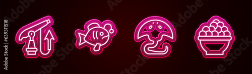 Set line Fishing harpoon, Tropical fish, Stingray and Caviar. Glowing neon icon. Vector