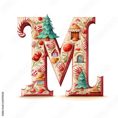 Christmas letter M design on a white background. English alphabet. Seasonal typography design.