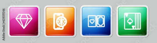 Set line Diamond, Online poker table game, Deck of playing cards and . Colorful square button. Vector