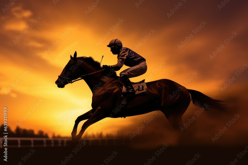 Horse racing at sunset.