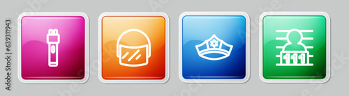 Set line Police electric shocker, helmet, cap with cockade and Suspect criminal. Colorful square button. Vector