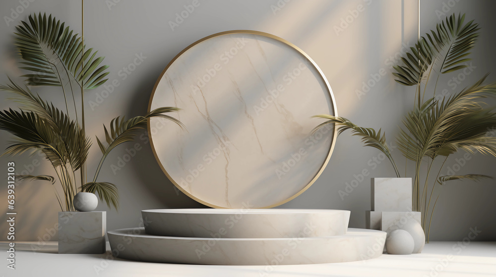 Round marble podium and palm leaf, Abstract minimal geometric background, Aesthetic summer dais and shadows on the wall, 3D Modern design for product showcase, studio lighting, AI generated. Round marble podium and palm leaf, Abstract minimal geometric background, Aesthetic summer dais and shadows on the wall, 3D Modern design for product showcase, studio lighting, AI generated.