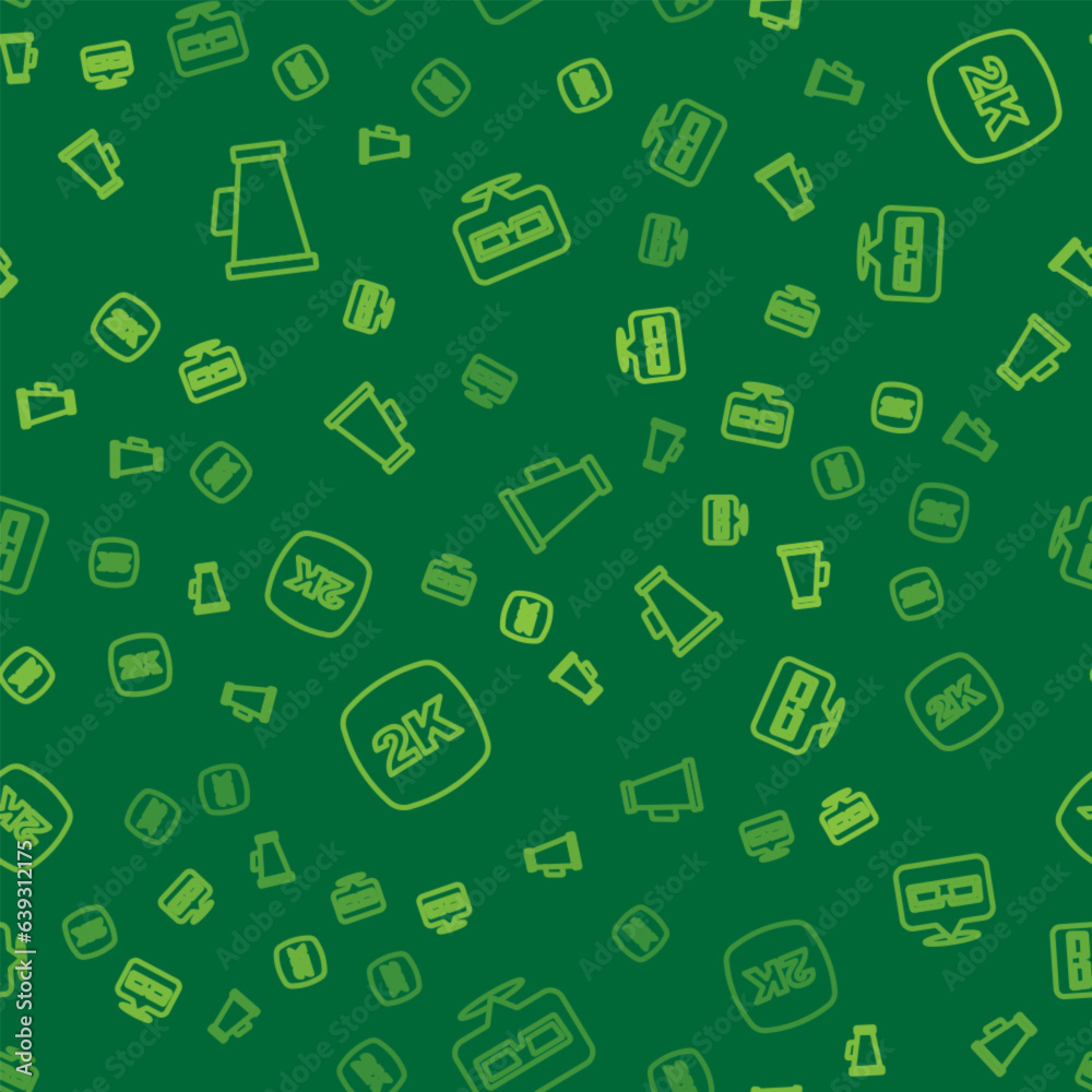 Set line Megaphone, 2k Ultra HD and 3D cinema glasses on seamless pattern. Vector