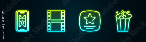 Set line Buy cinema ticket online, Play video, Walk of fame star and Popcorn cardboard box. Glowing neon icon. Vector