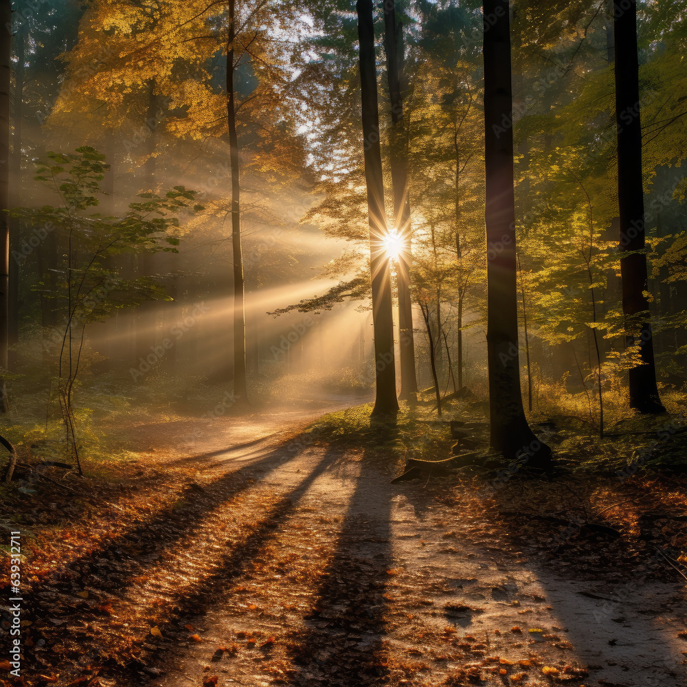 Obraz premium Forest with light rays shining