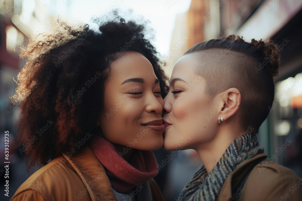 Lesbian couple kissing in city street - Generative AI Lesbian couple kissing in city street - Generative AI