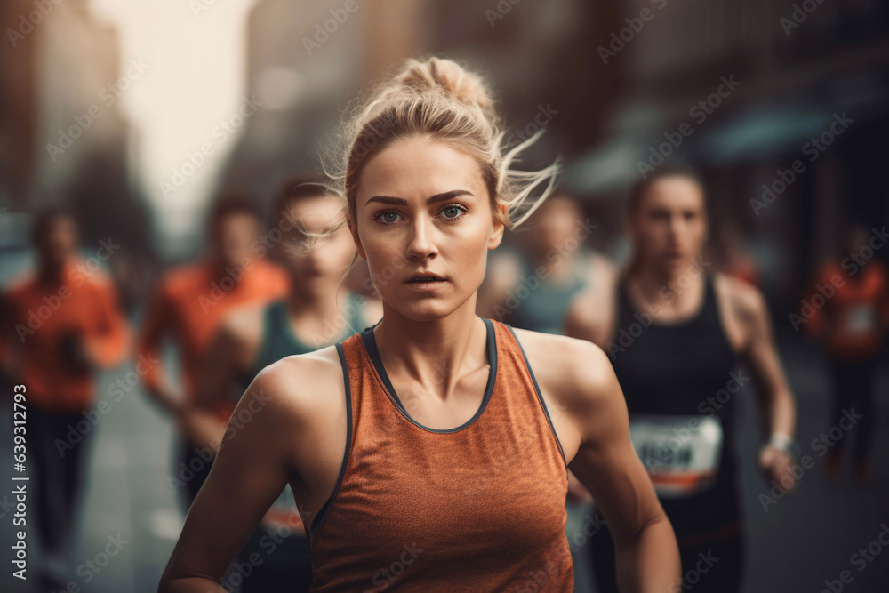 Young athlete runner woman running in marathon - Generative AI