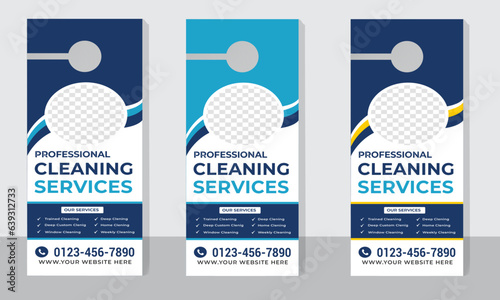 cleaning service door hanger design template, hotel knob design and office cleaning, junk dust removal, door hanger, rack card layout vector
