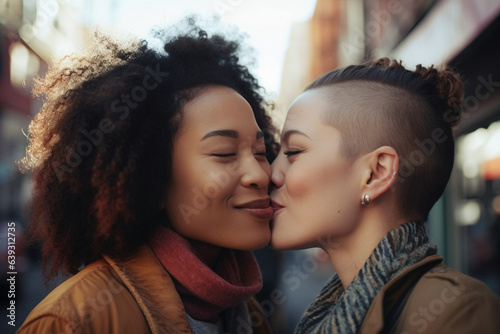 Lesbian couple kissing in city street - Generative AI