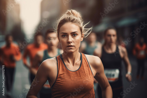 Young athlete runner woman running in marathon - Generative AI