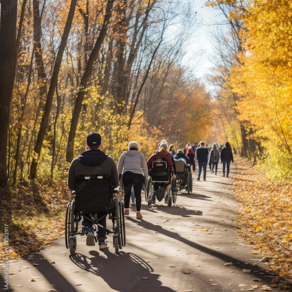 People walking and in wheelchairs in the forest