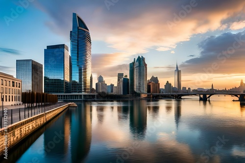 Panoramic view of a city space with a beautiful river on the front and skyscrapers in the background