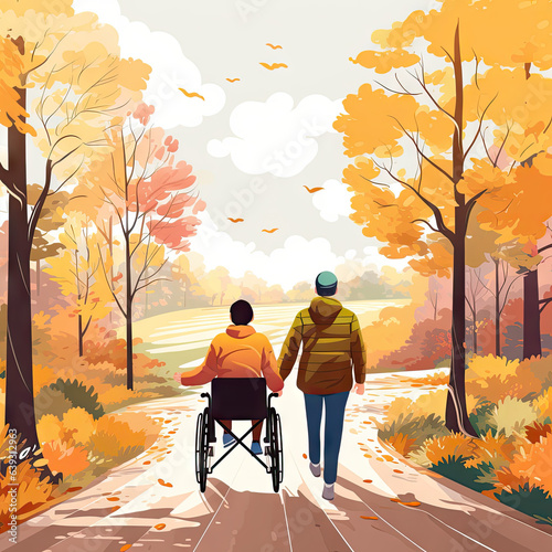 People walking and in wheelchairs in the forest